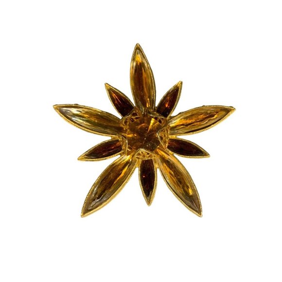 Vintage Goldtone Star Flower Brooch Amber Glass 2" Diameter Pin Retro - Picture 2 of 7
